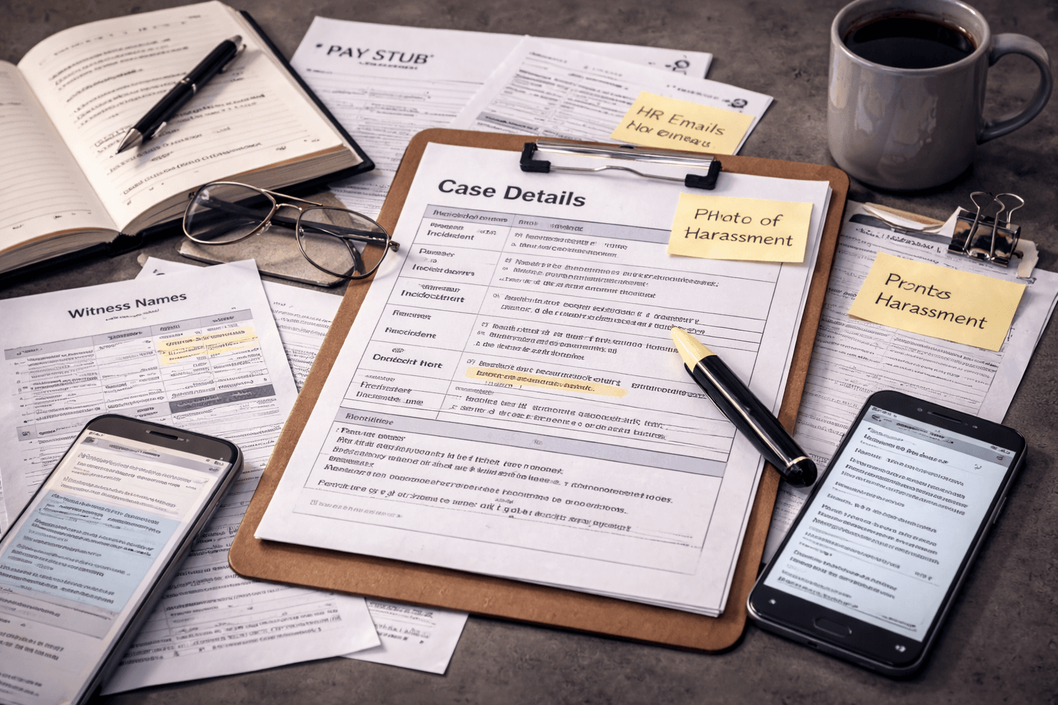 Person reviewing a structured workplace timeline and supporting notes